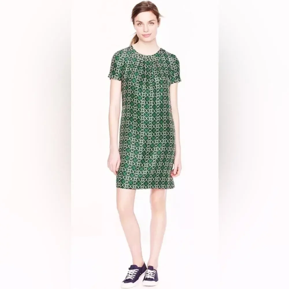 J. Crew Green Swoop Silk Dress Latticework Medallion